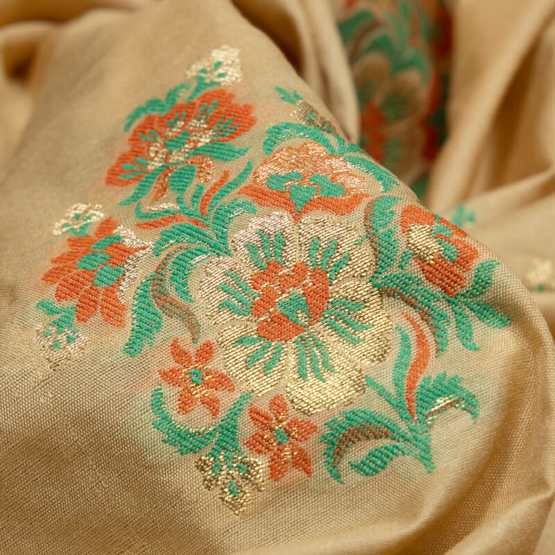 Beige Banarasi Floral Pattern Taffeta Zari Silk Fabric