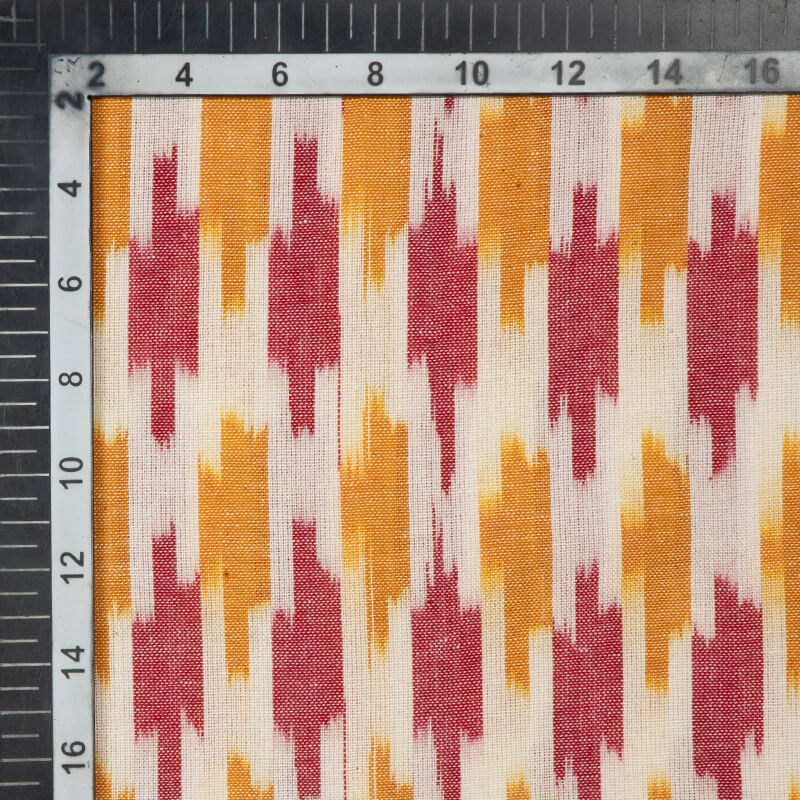 White And Maroon Abstract Pattern Woven Pre-Washed Cotton Ikat Fabric