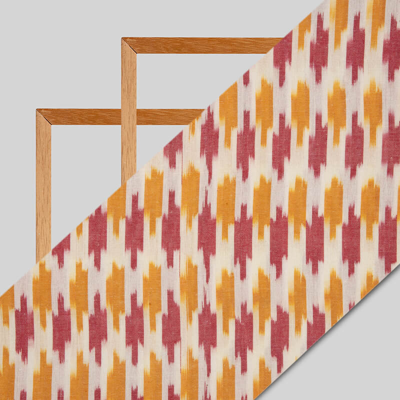 White And Maroon Abstract Pattern Woven Pre-Washed Cotton Ikat Fabric
