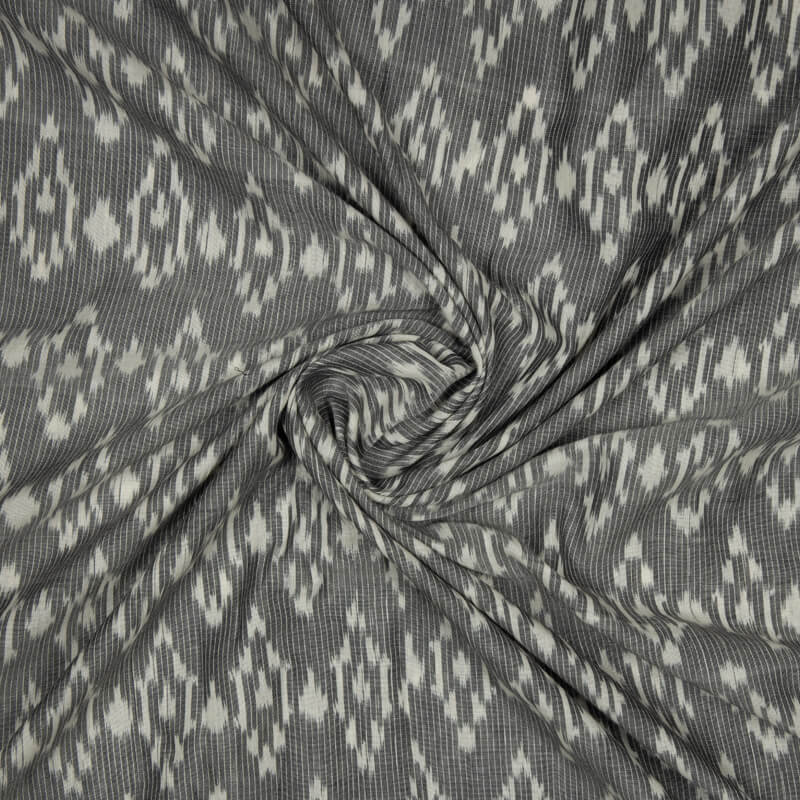 Grey And White Abstract Pattern Woven Pre-Washed Mercerized Cotton Ikat Fabric