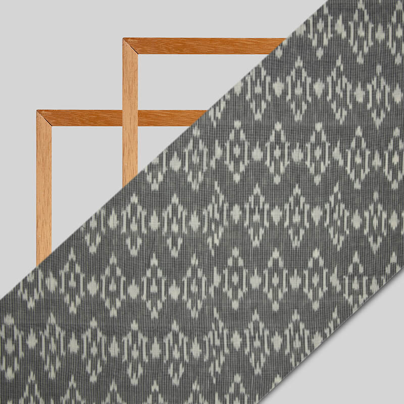 Grey And White Abstract Pattern Woven Pre-Washed Mercerized Cotton Ikat Fabric