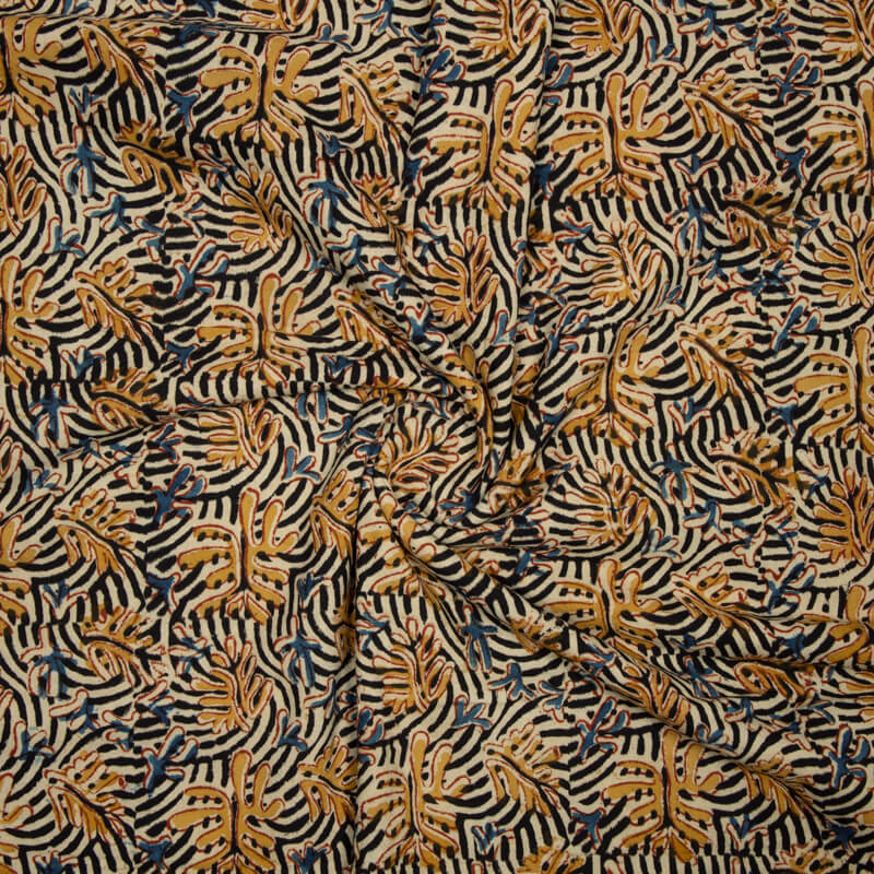 Black And Beige Kalamkari Print Handblock Cotton Fabric