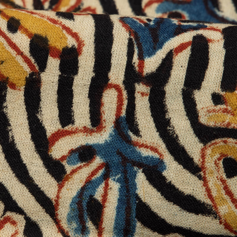 Black And Beige Kalamkari Print Handblock Cotton Fabric