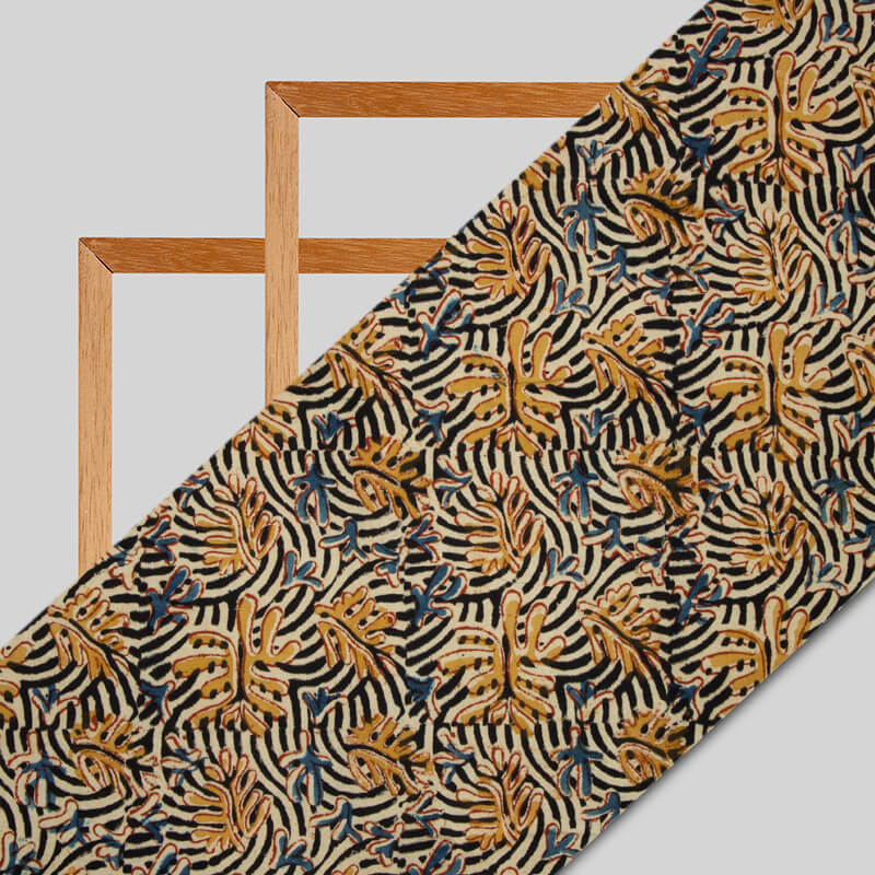 Black And Beige Kalamkari Print Handblock Cotton Fabric