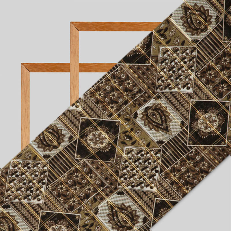 Light Brown And Cream Floral Pattern Zari Chanderi Slub Fabric