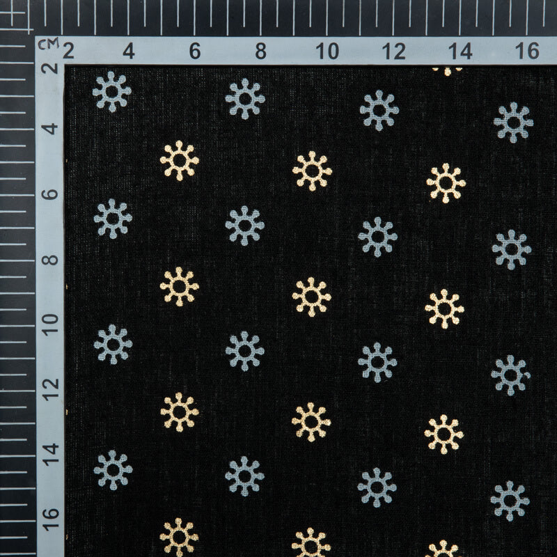 Black Ethnic Dot Khari And Foil Cotton Fabric