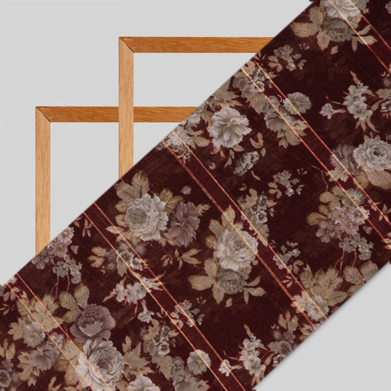 Maroon And Cream Floral Pattern Zari Chanderi Slub Fabric