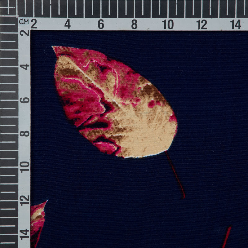Navy Blue leaf Pattern Silk Fabric