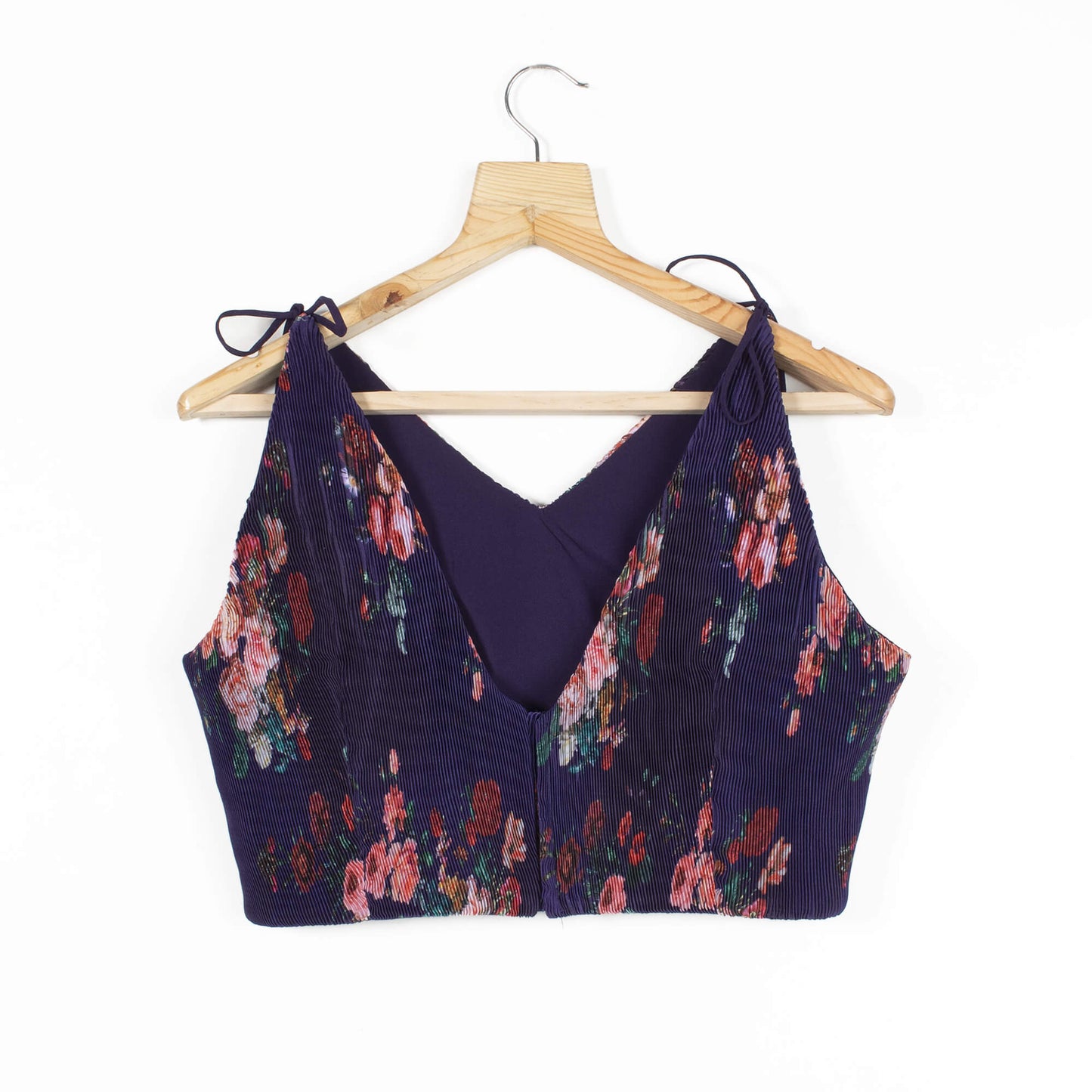 Floral Pleated Satin Spaghetti Tie Up Blouse