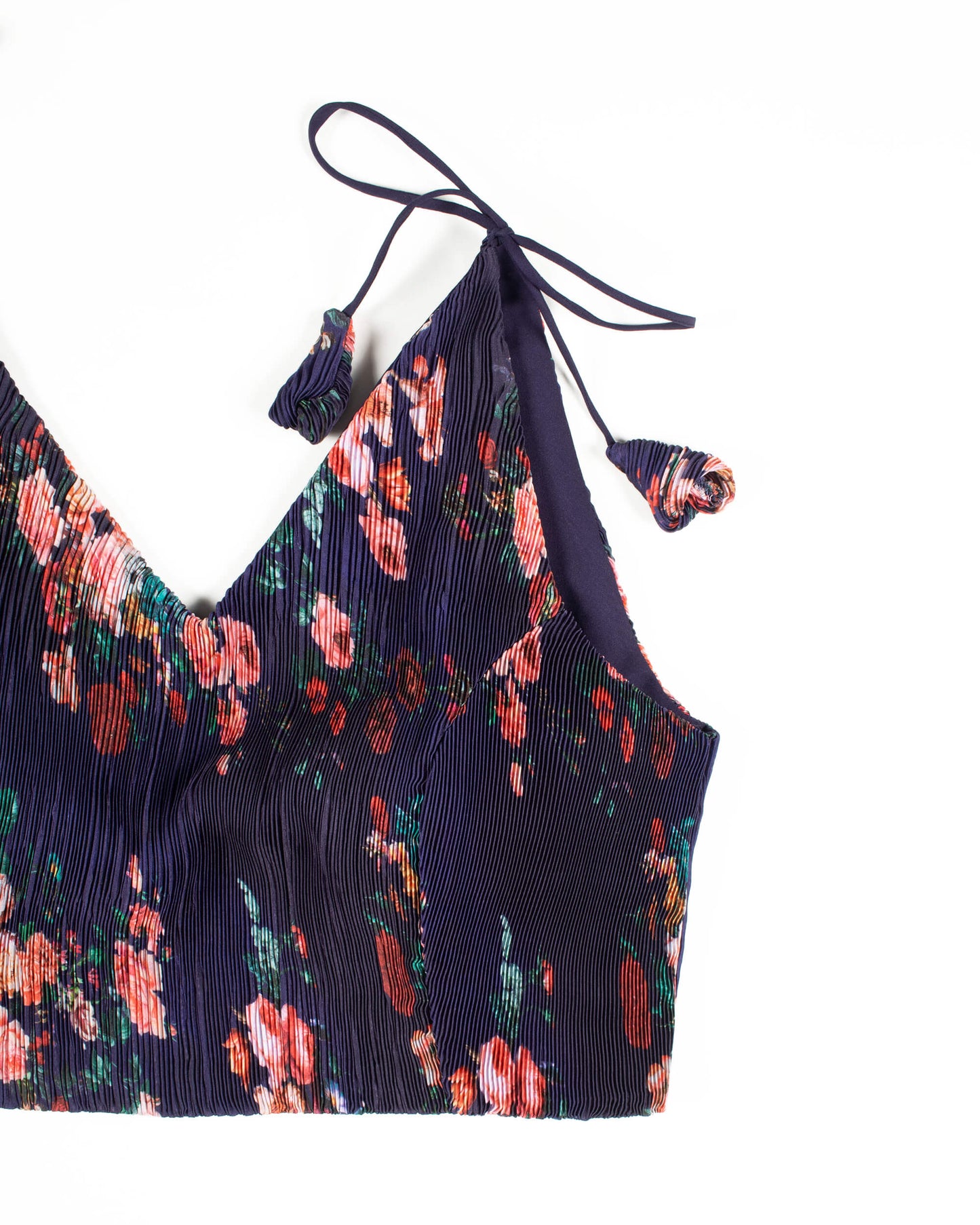 Floral Pleated Satin Spaghetti Tie Up Blouse
