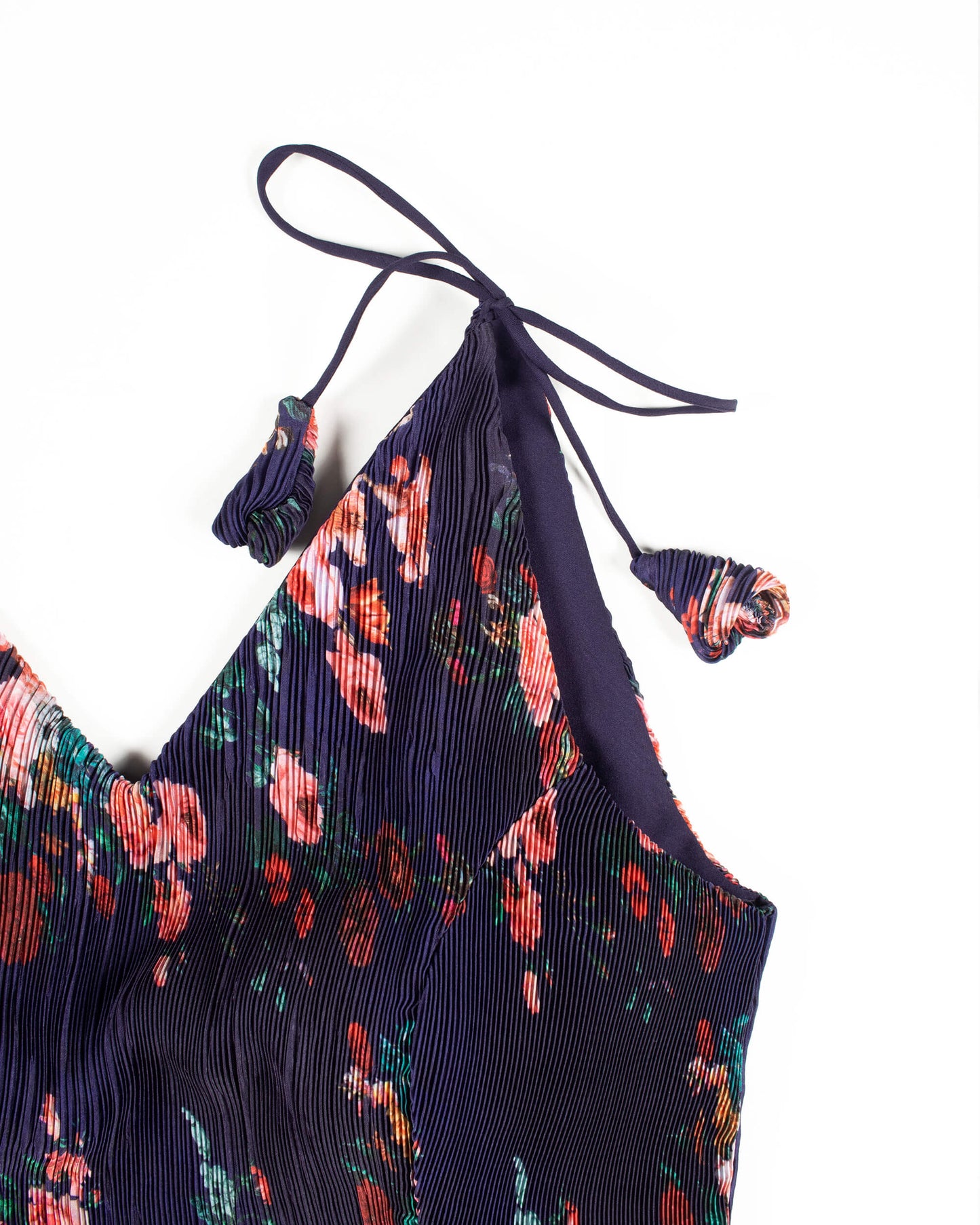 Floral Pleated Satin Spaghetti Tie Up Blouse