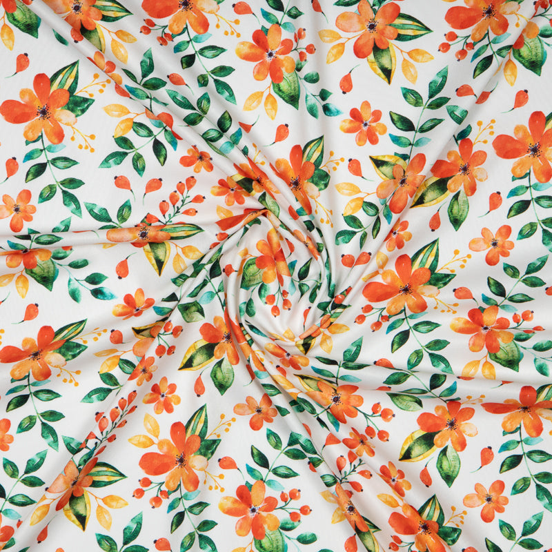 Orange And Green Floral Digital Print American Crepe Fabric - Fabcurate
