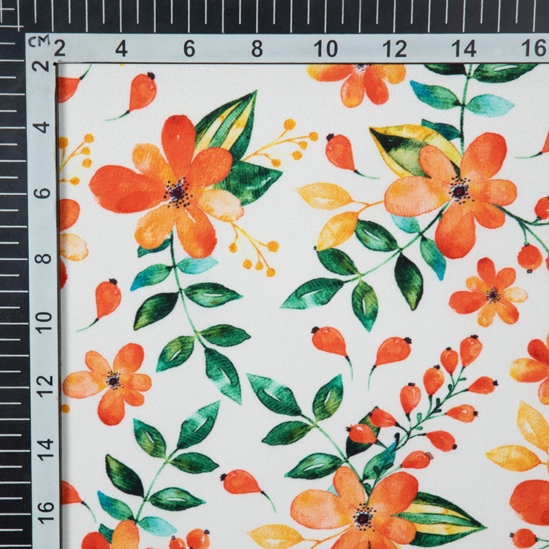Orange And Green Floral Digital Print American Crepe Fabric - Fabcurate