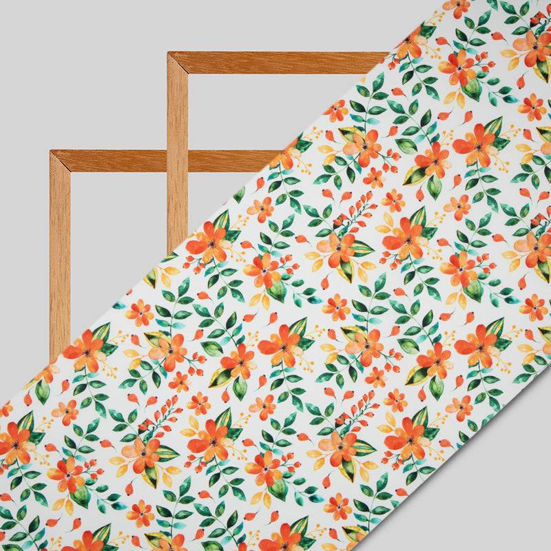 Orange And Green Floral Digital Print American Crepe Fabric - Fabcurate