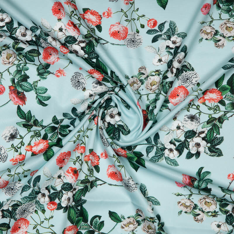 Teal Floral Digital Print American Crepe Fabric - Fabcurate