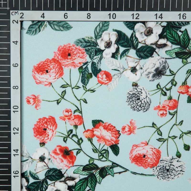 Teal Floral Digital Print American Crepe Fabric - Fabcurate