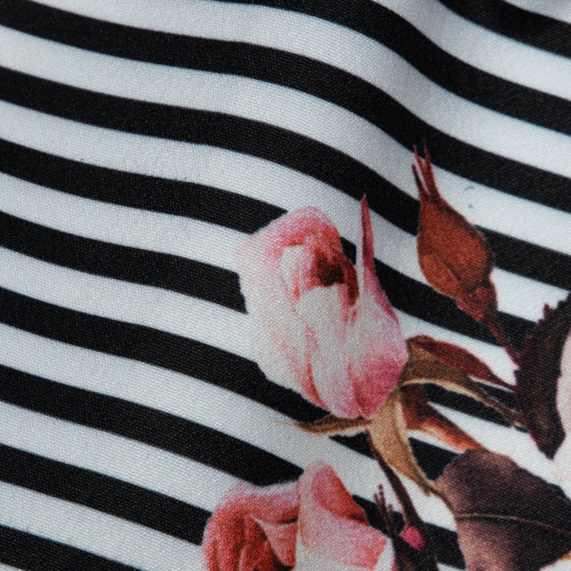 Black And White Stripes Floral Digital Print American Crepe Fabric - Fabcurate