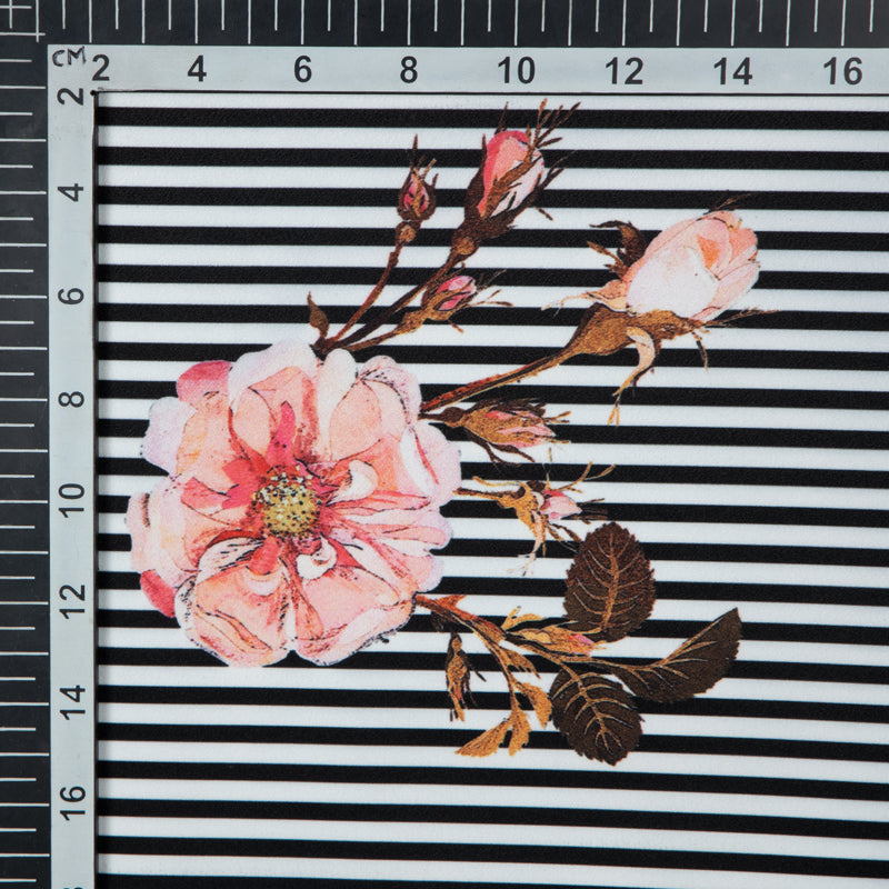 Black And White Stripes Floral Digital Print American Crepe Fabric - Fabcurate