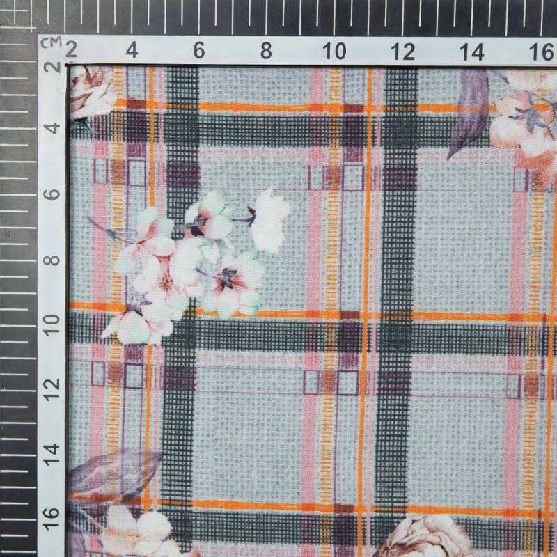 Light Grey Floral Digital Print American Crepe Fabric - Fabcurate
