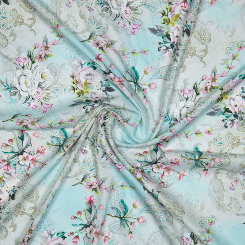 Pastel Blue Floral Digital Print American Crepe Fabric - Fabcurate