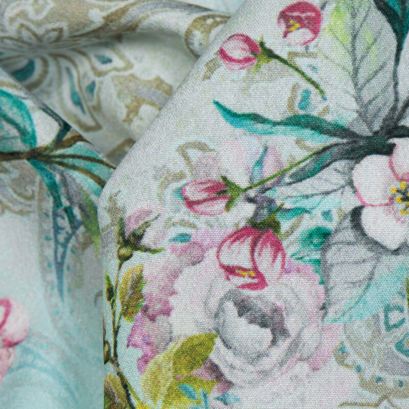 Pastel Blue Floral Digital Print American Crepe Fabric - Fabcurate