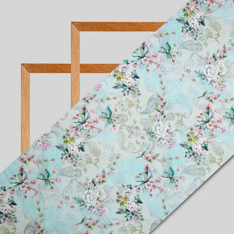 Pastel Blue Floral Digital Print American Crepe Fabric - Fabcurate