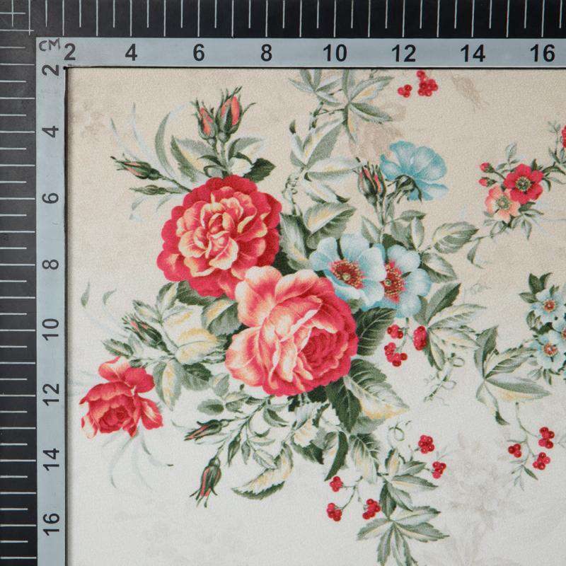 Light Beige And Red Floral Digital Print American Crepe Fabric - Fabcurate