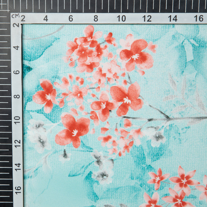 Pastel Blue Floral Digital Print American Crepe Fabric - Fabcurate