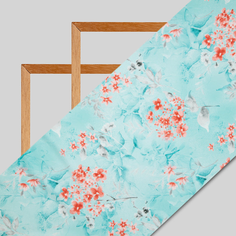 Pastel Blue Floral Digital Print American Crepe Fabric - Fabcurate