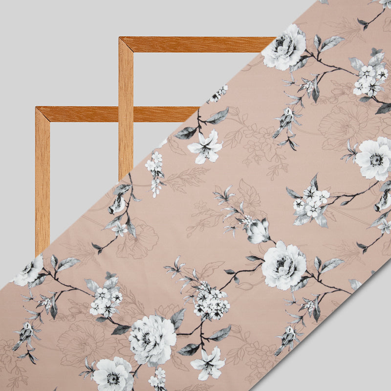 Light Brown Floral Digital Print American Crepe Fabric - Fabcurate