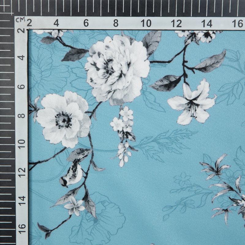 Sky Blue Floral Digital Print American Crepe Fabric - Fabcurate