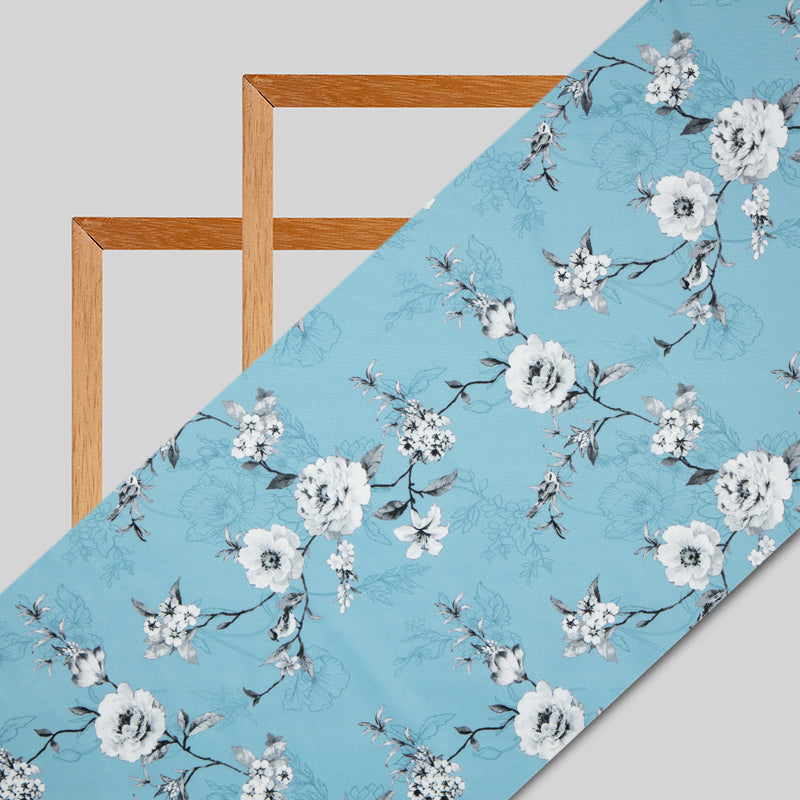Sky Blue Floral Digital Print American Crepe Fabric - Fabcurate