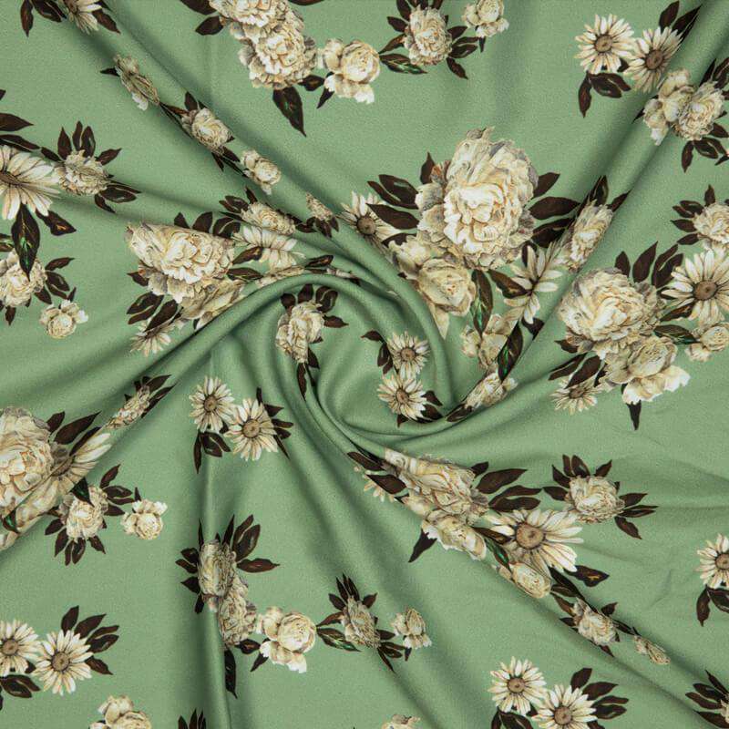 Olive Floral Digital Print American Crepe Fabric - Fabcurate