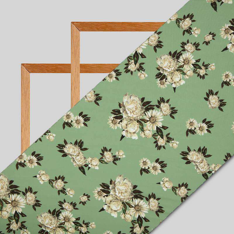 Olive Floral Digital Print American Crepe Fabric - Fabcurate