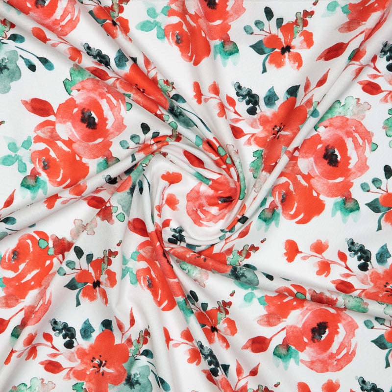 White And Red Floral Digital Print American Crepe Fabric - Fabcurate