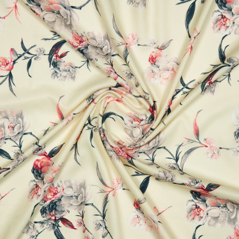 Light Beige And Pink Floral Digital Print American Crepe Fabric - Fabcurate