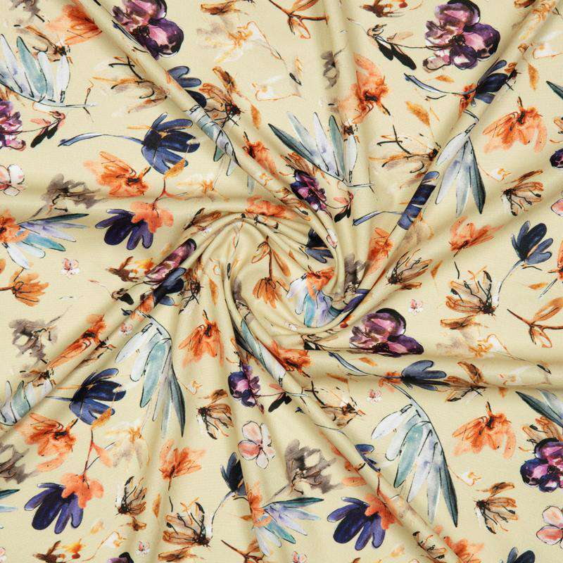Beige Floral Digital Print American Crepe Fabric - Fabcurate