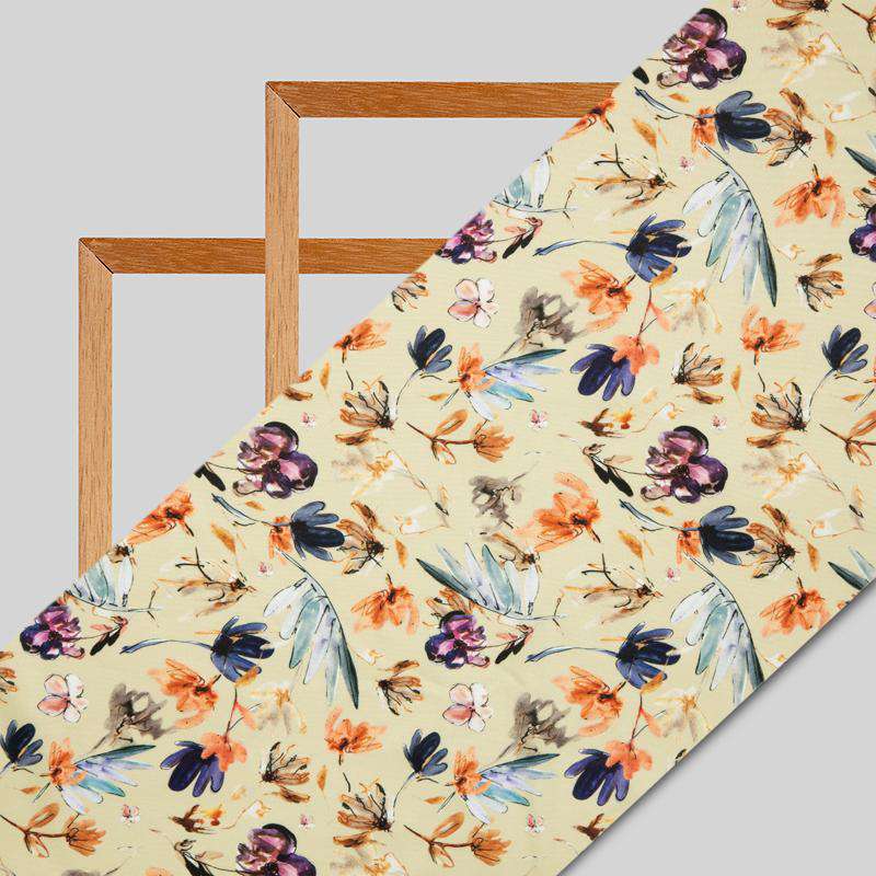 Beige Floral Digital Print American Crepe Fabric - Fabcurate
