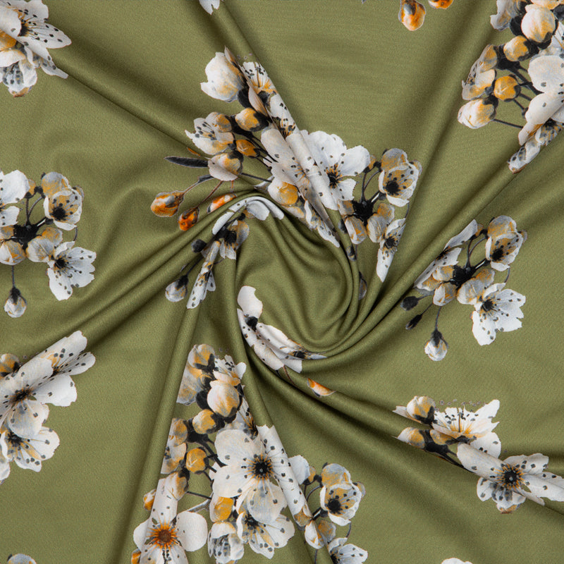 Olive Floral Digital Print American Crepe Fabric - Fabcurate