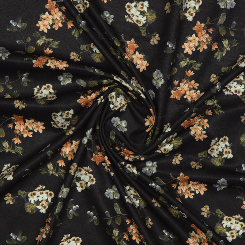 Black And Peach Floral Digital Print American Crepe Fabric