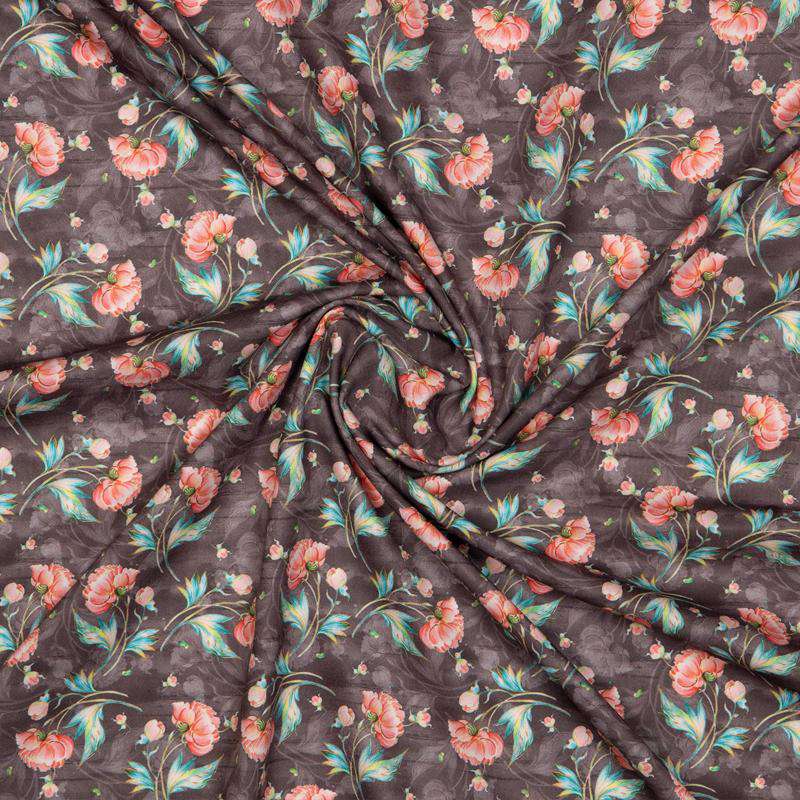 Brown And Pink Floral Digital Print American Crepe Fabric - Fabcurate