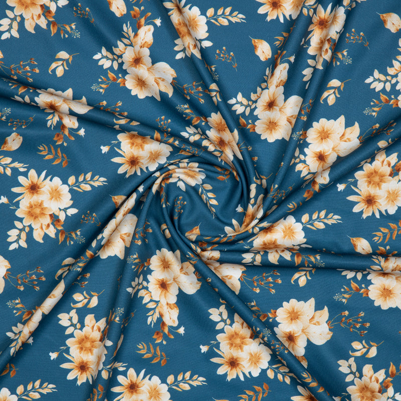 Royal Blue Floral Digital Print American Crepe Fabric - Fabcurate