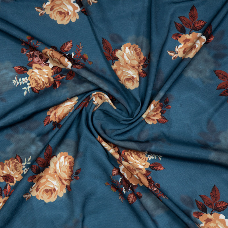 Pastel Blue Floral Digital Print American Crepe Fabric - Fabcurate