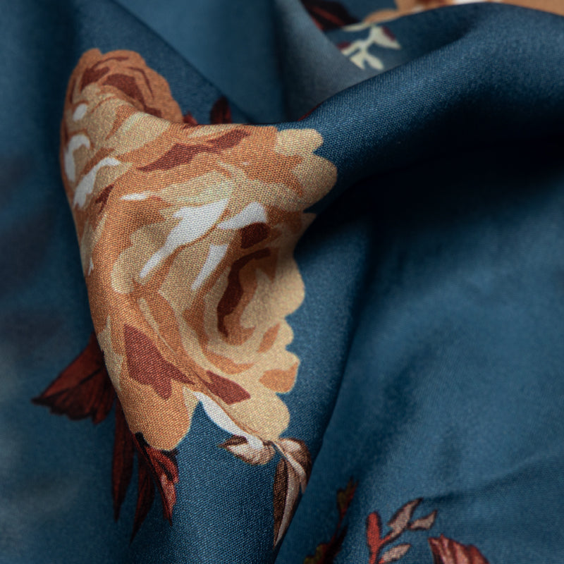 Pastel Blue Floral Digital Print American Crepe Fabric - Fabcurate