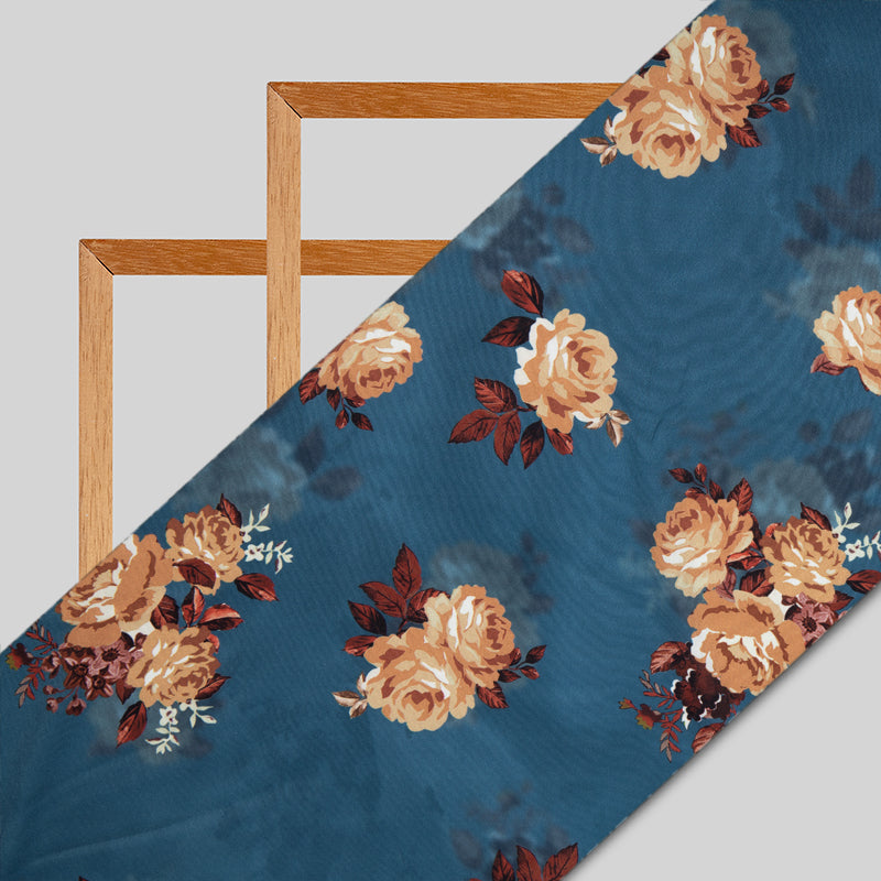 Pastel Blue Floral Digital Print American Crepe Fabric - Fabcurate