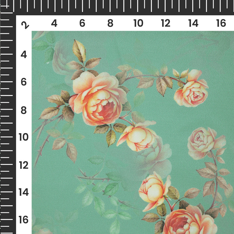Teal Floral Digital Print American Crepe Fabric