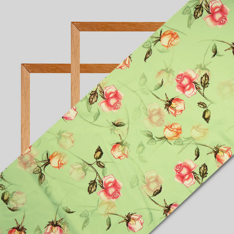 Pastel Green Floral Digital Print American Crepe Fabric