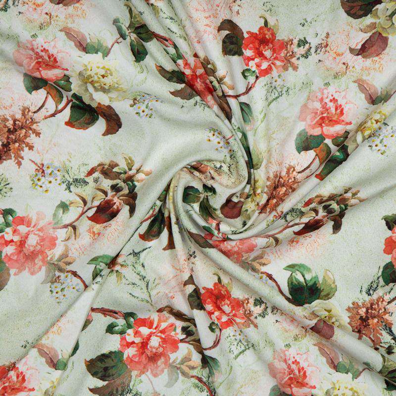 Pastel Green Floral Digital Print American Crepe Fabric - Fabcurate