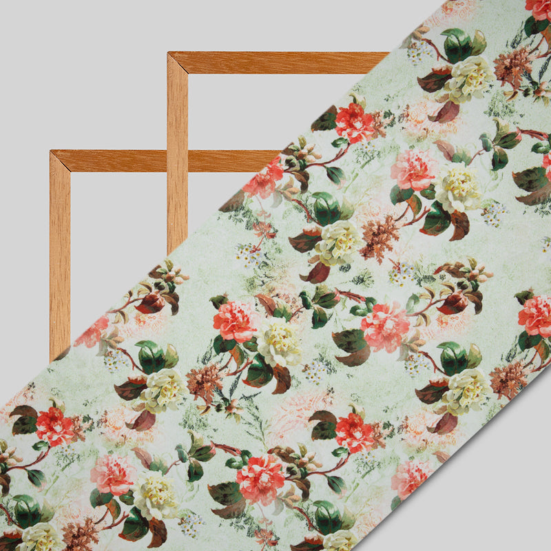 Pastel Green Floral Digital Print American Crepe Fabric - Fabcurate