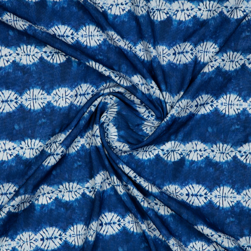 Royal Blue And White Shibori Digital Print American Crepe Fabric - Fabcurate
